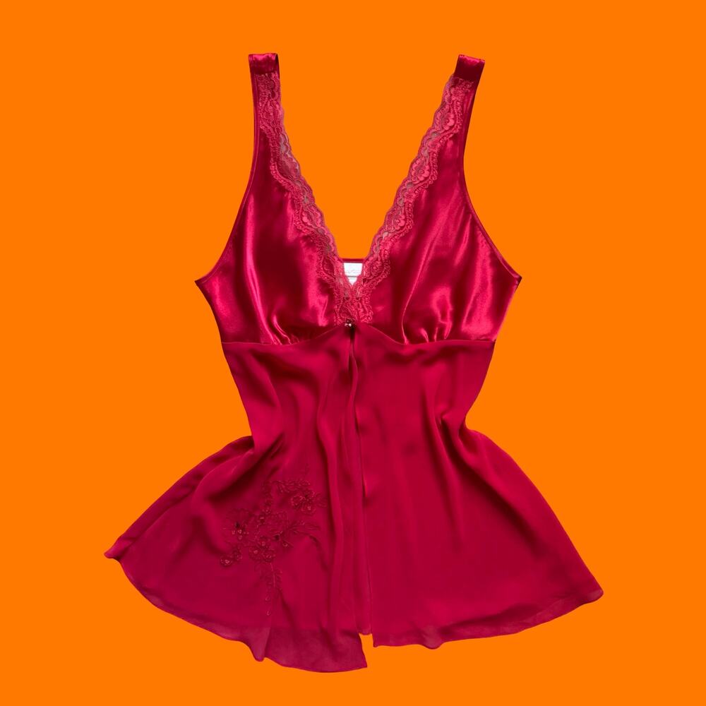 00's vintage red satin floral embroidred chiffon y2k babydoll chemise M